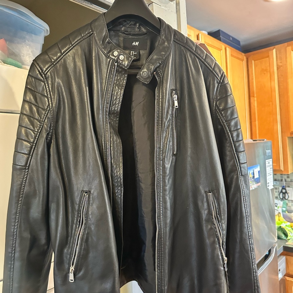 H&M Black Pleather Biker Jacket with Textured Finish